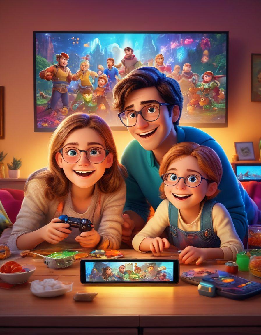 A vibrant family gathered around a large screen, joyfully engaging in various digital games together, with colorful game characters and glowing visuals surrounding them. Include elements like a gaming console, cheerful expressions, and snacks scattered around to emphasize a fun atmosphere. The background should be filled with entertaining digital landscapes and family-friendly motifs. super-realistic. vibrant colors. cozy home setting.