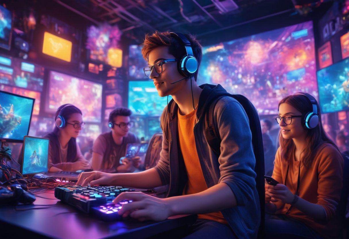 A vibrant and colorful scene showcasing a diverse group of gamers immersed in their digital worlds, surrounded by glowing screens displaying various game genres. Joyful expressions on their faces with elements of fantasy and sci-fi bursting from the screens, featuring iconic gaming items like controllers and headsets scattered around. The background should be filled with abstract shapes symbolizing digital connections and entertainment. pixel art. vibrant colors. 3D.