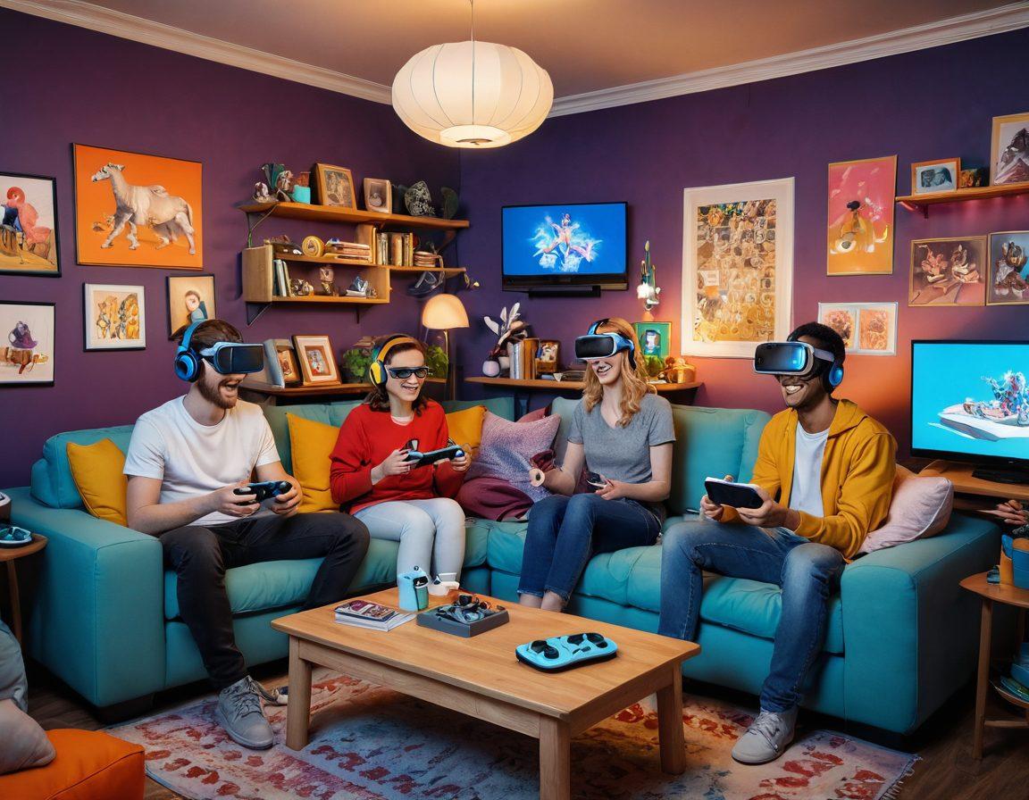 A vibrant recreational scene showcasing diverse individuals of all ages joyfully engaging in casual gaming, surrounded by colorful video game consoles, VR headsets, and playful digital characters. The backdrop features a cozy living room with soft lighting and playful decor elements, emphasizing connection and fun. Elements of virtual worlds and playful graphics swirl around in a magical way. cartoon style. bright colors. playful atmosphere.